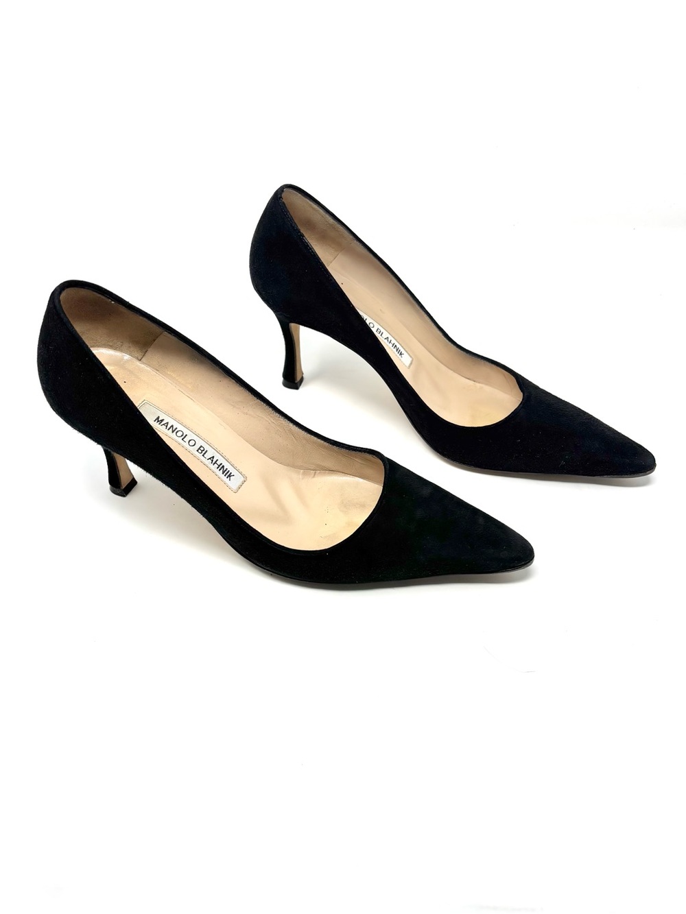 Manolo Blahnik BB Black Suede Pointed-Toe Mid Kitten Heels 37